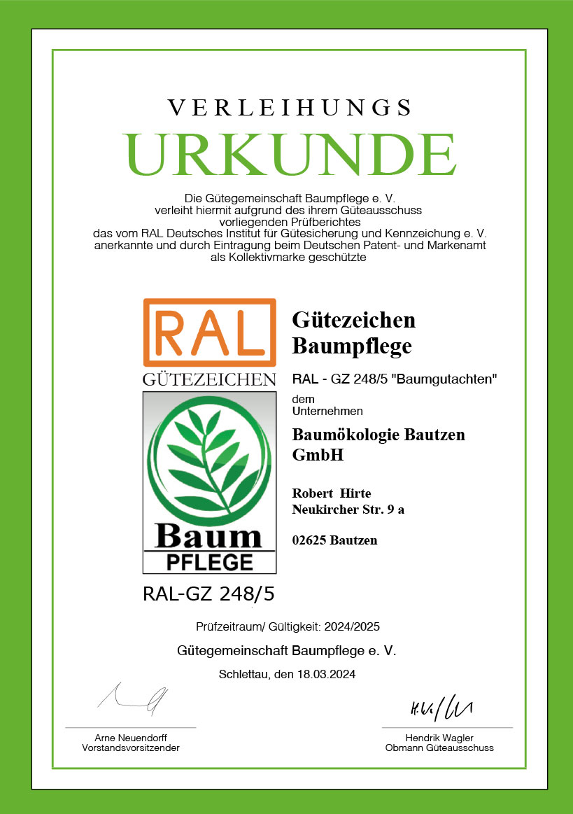 Urkunde RAL-zertifiziert „Baumgutachten“ (PDF) Urkunde